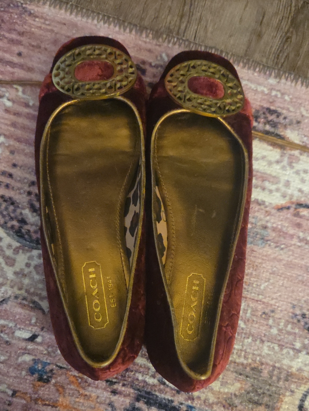 COACH Burgundy Velvet Ballet Flats with Gold Decorative Buckles